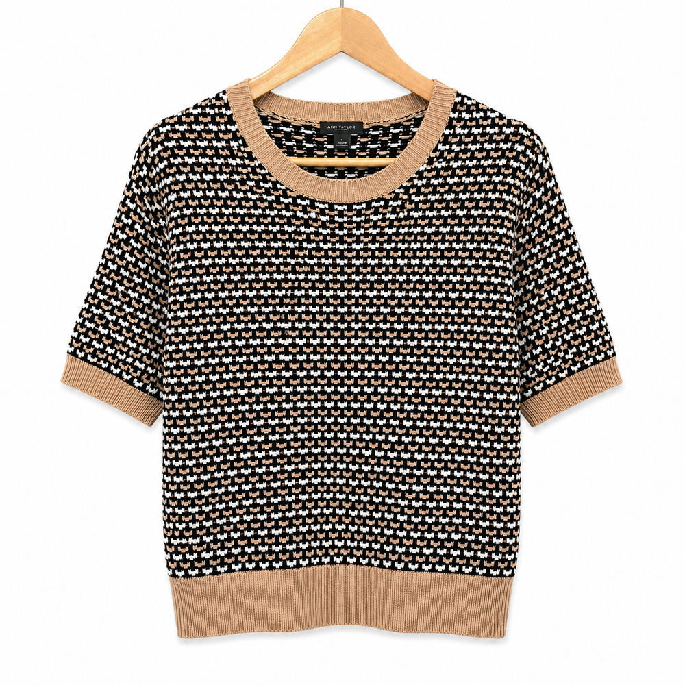 Ann Taylor Factory Sweater Womens L Black White Brown Short Sleeve 100% Cotton